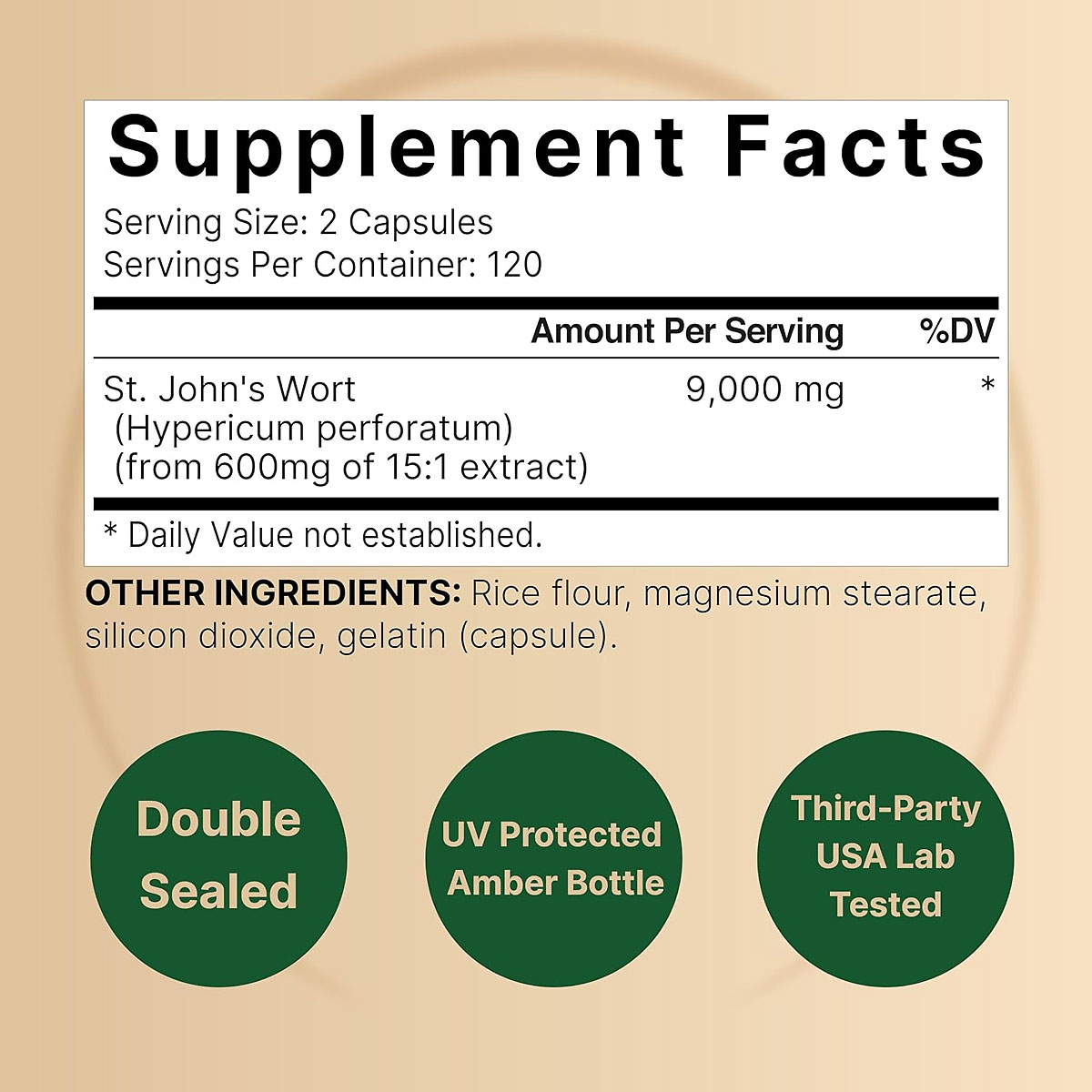 Supplement Facts panel of NatureBell St. John's Wort showing 9,000 mg from 600 mg of 15:1 extract per 2 capsules, 120 servings, gelatin capsule