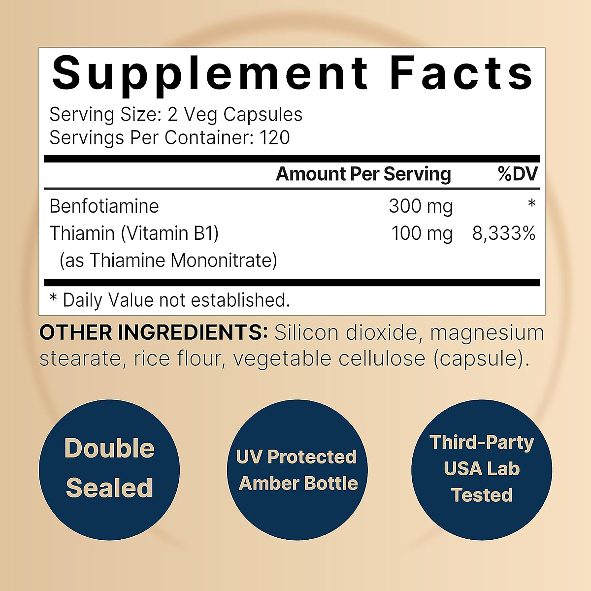 Supplement Facts panel on NatureBell Benfotiamine: serving size 2 veg capsules, 120 servings per container, benfotiamine 300 mg, thiamin 100 mg as thiamine mononitrate