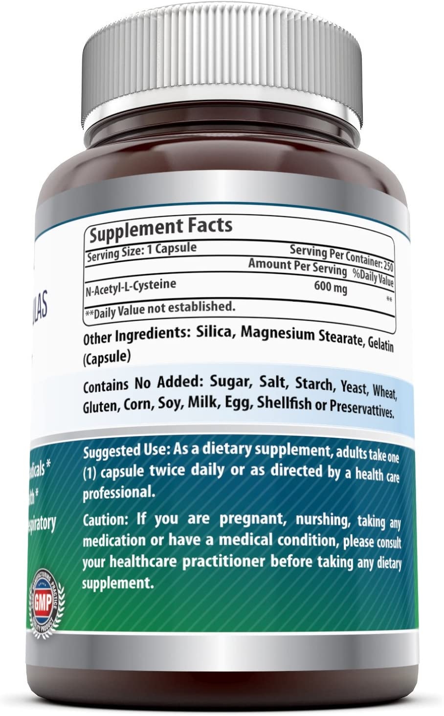 Amazing Formulas NAC 600mg Supplement Facts panel listing gelatin capsule