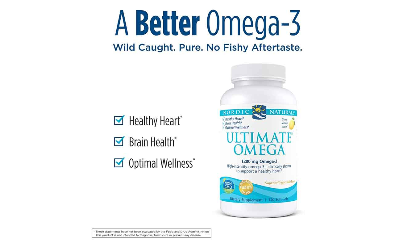 Nordic Naturals Ultimate Omega Lemon 1280mg fish oil bottle, 120 soft gels