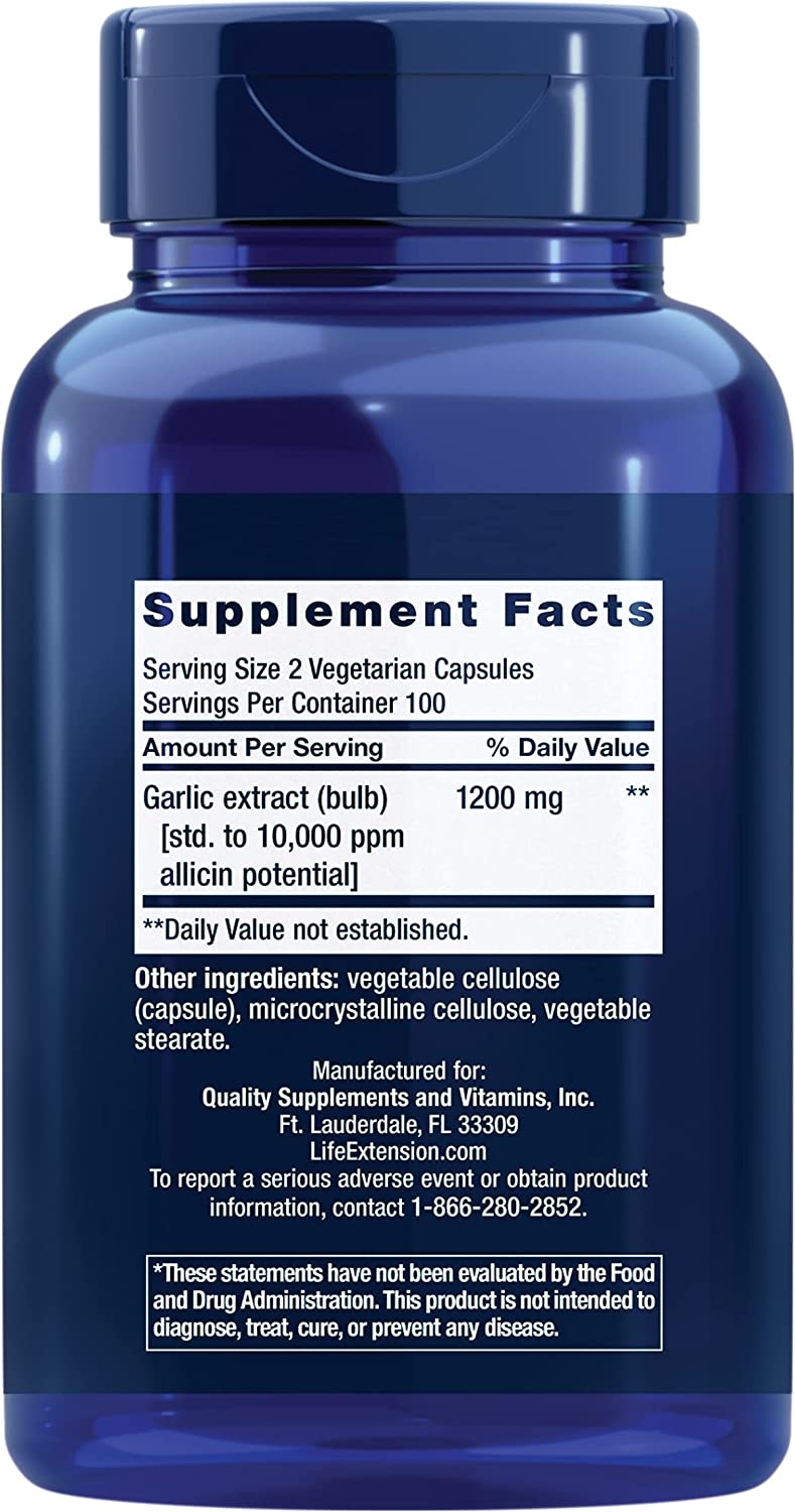 Supplement Facts panel on Life Extension Optimized Garlic: serving size 2 vegetarian capsules, 100 servings per container, garlic extract bulb 1200 mg standardized to 10,000 ppm allicin potential