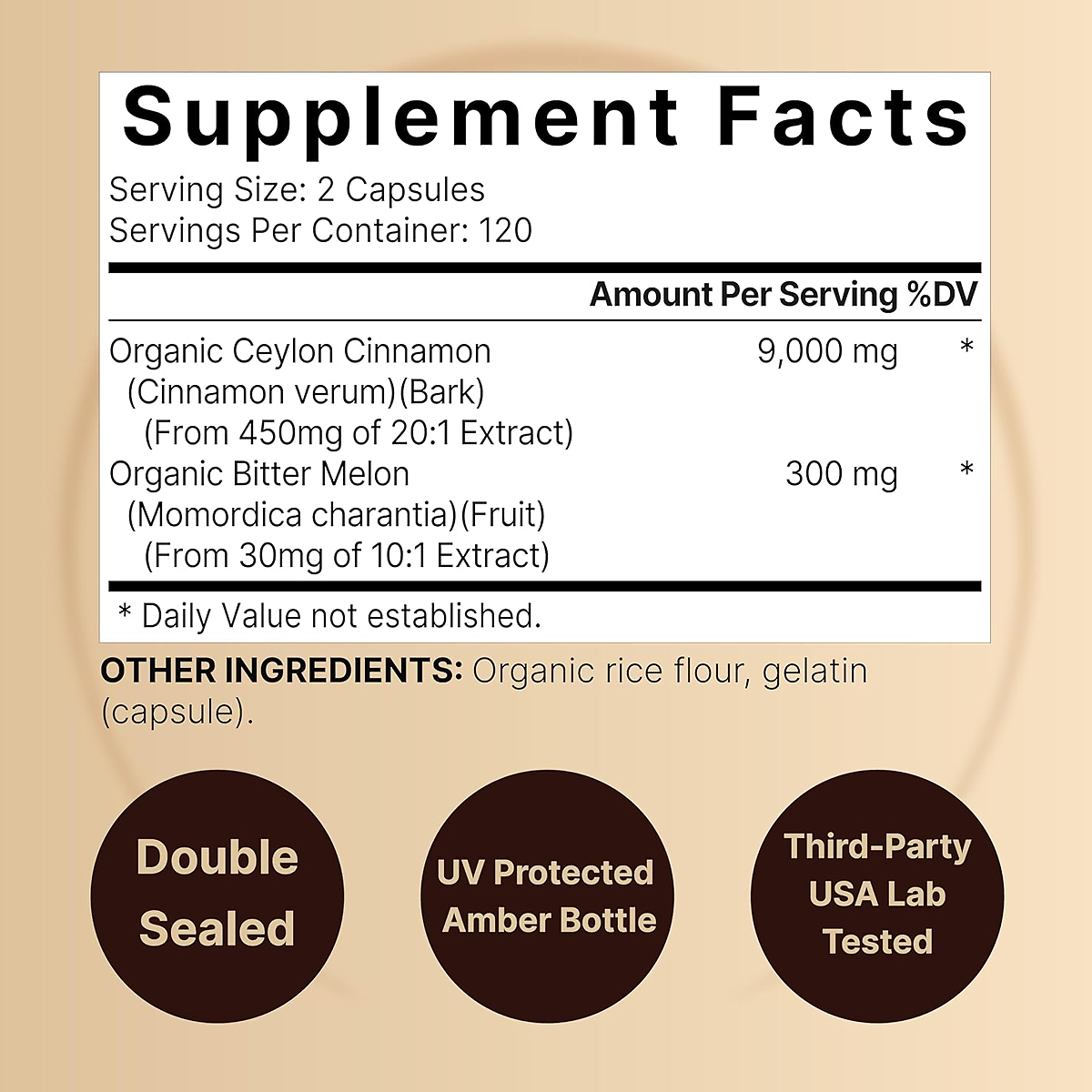 Supplement Facts panel of NatureBell Ceylon Cinnamon with Bitter Melon showing 9,000 mg from 450 mg of 20:1 extract and 300 mg from 30 mg of 10:1 extract per 2 capsules