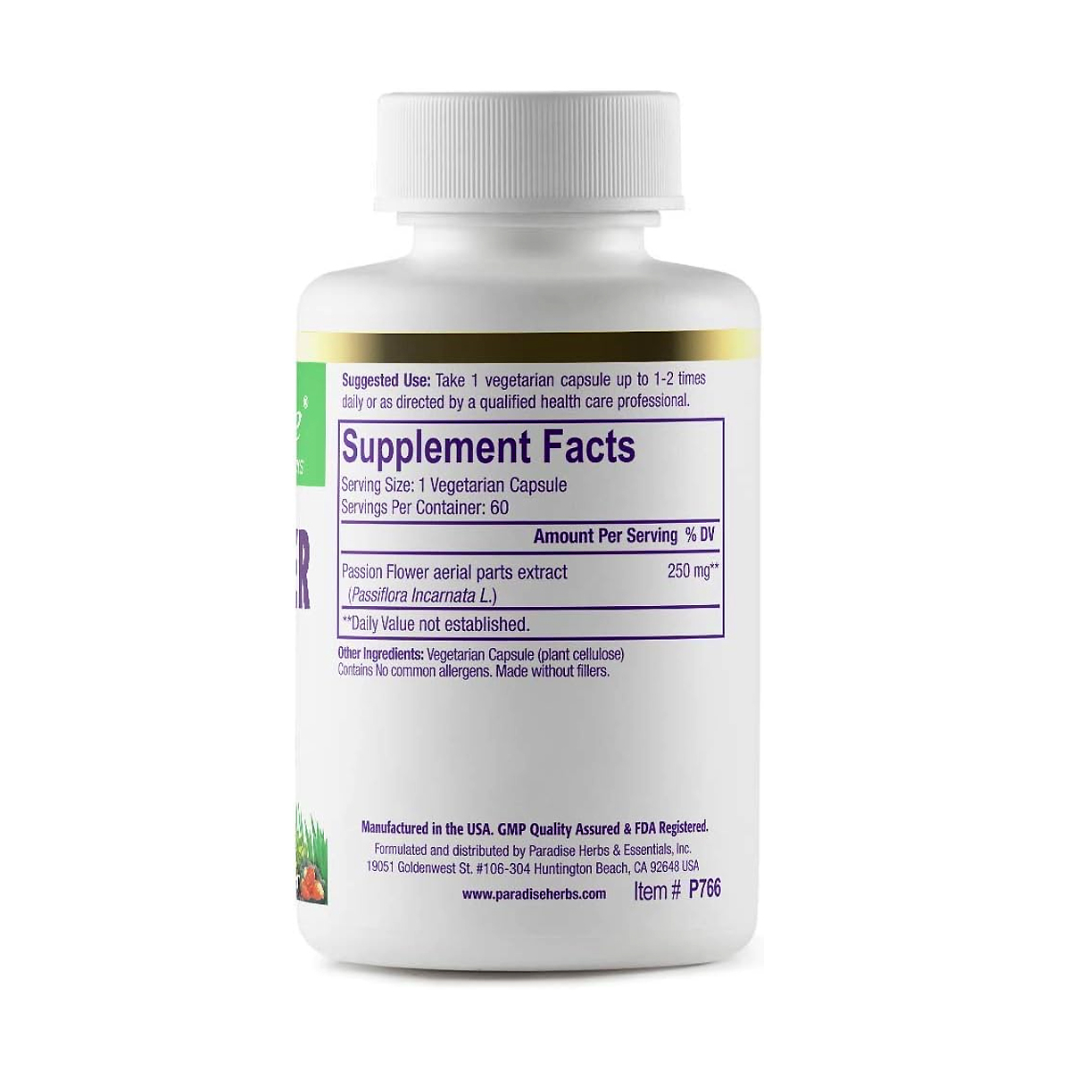 Supplement Facts panel on Paradise Herbs Passion Flower: serving size 1 vegetarian capsule, 60 servings per container, passion flower aerial parts extract Passiflora incarnata 250 mg