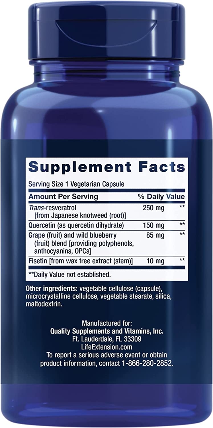 Supplement Facts panel of Life Extension Optimized Resveratrol showing one vegetarian capsule with 250 mg trans-resveratrol, 150 mg quercetin, 85 mg grape and wild blueberry blend and 10 mg fisetin