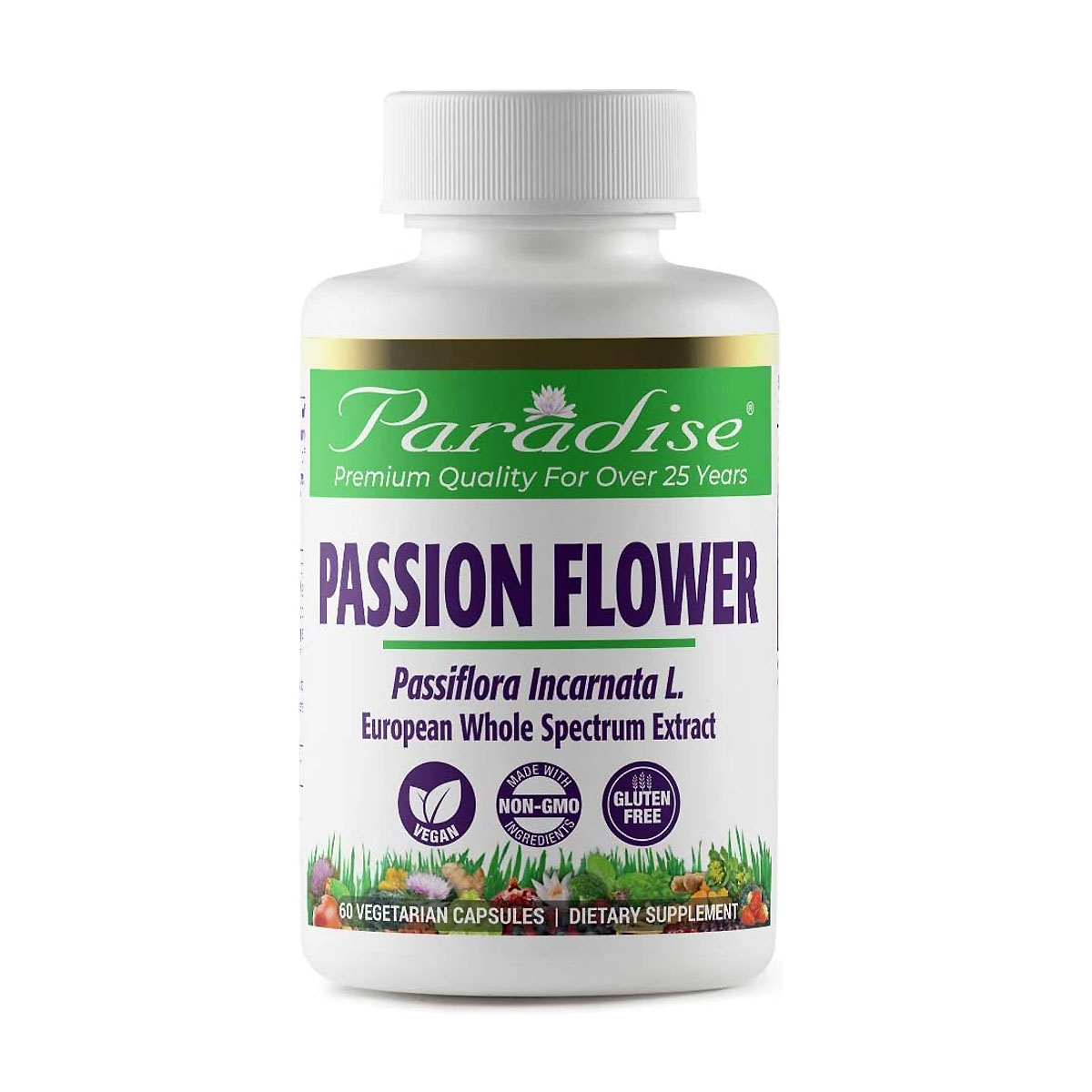 Paradise Herbs Passion Flower European Whole Spectrum Extract bottle, 60 vegetarian capsules