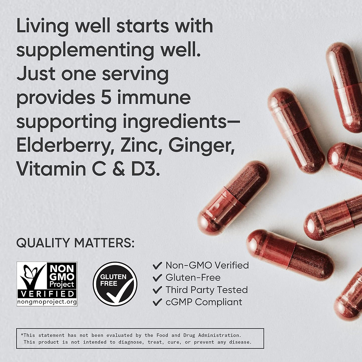 Loose capsules from an elderberry immune support supplement bottle