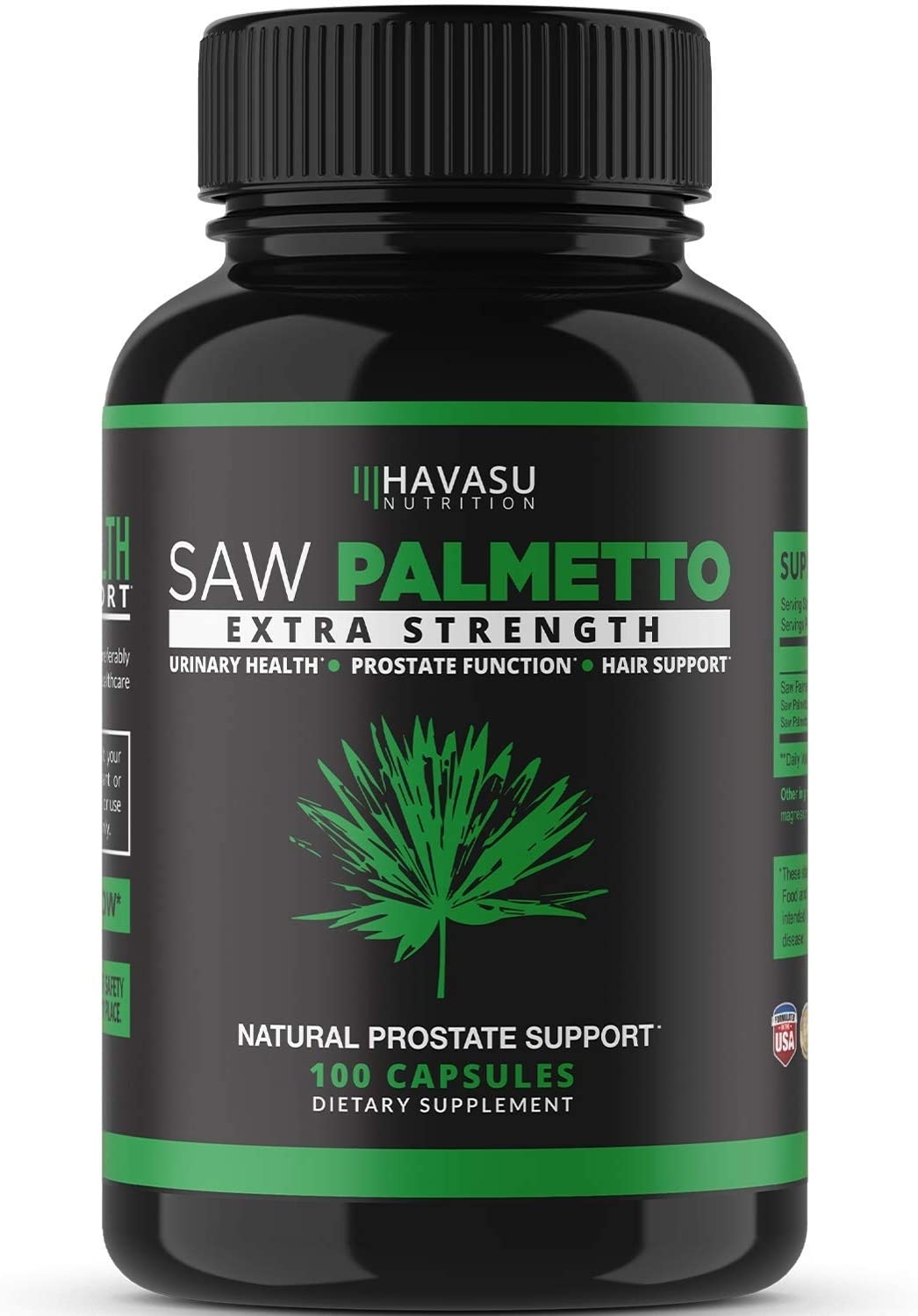 Havasu Nutrition Saw Palmetto bottle label showing 500 mg Saw Palmetto Blend per capsule, 100 capsules