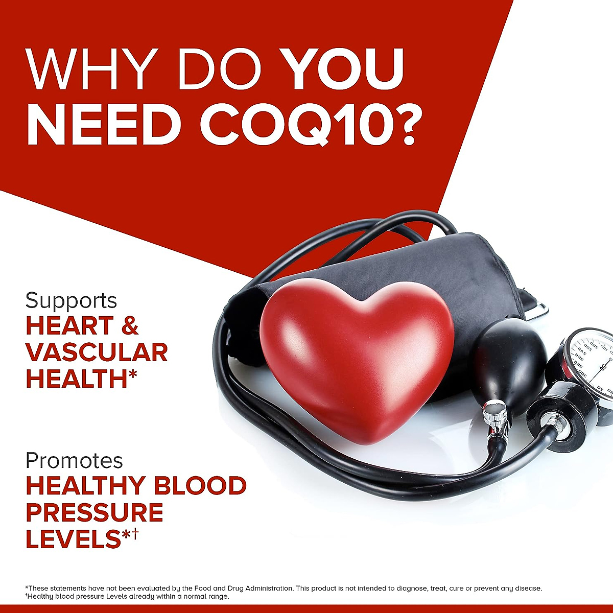 Qunol Ultra CoQ10 marketing graphic claiming support for heart and vascular health and healthy blood pressure levels