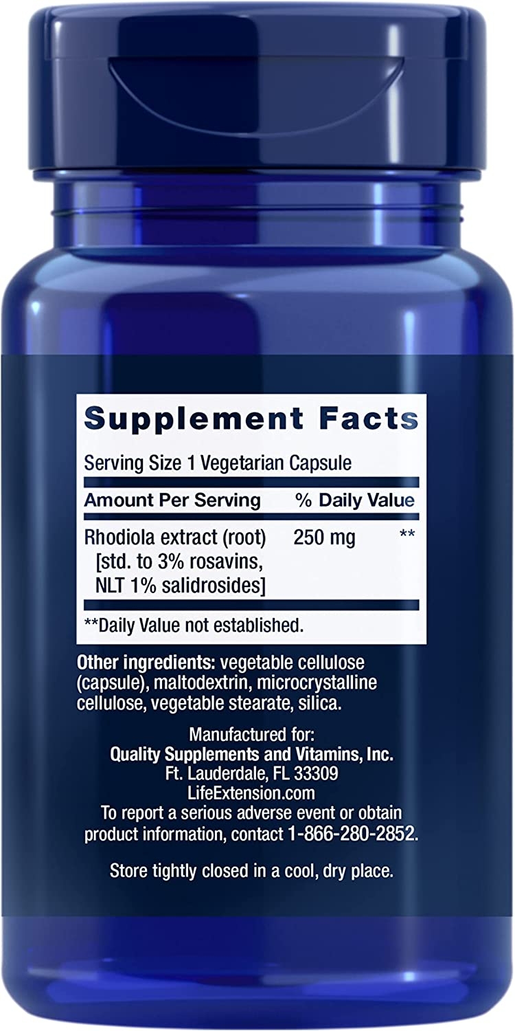 Supplement Facts panel on Life Extension Rhodiola Extract 250 mg: serving size 1 vegetarian capsule, rhodiola extract root 250 mg standardized to 3% rosavins and NLT 1% salidrosides