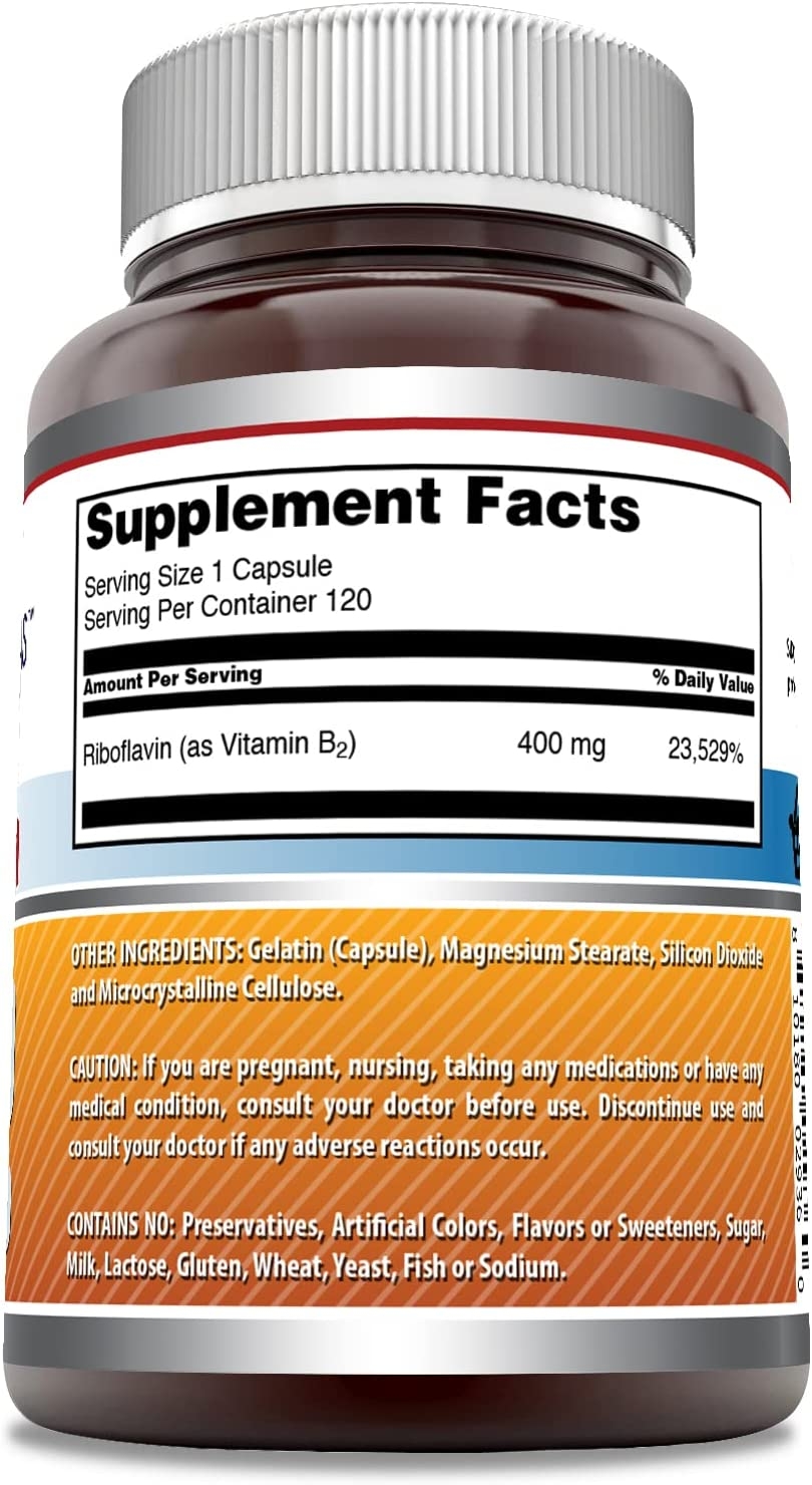 Supplement Facts panel on Amazing Formulas Riboflavin 400 mg: serving size 1 capsule, 120 servings, riboflavin (as vitamin B2) 400 mg