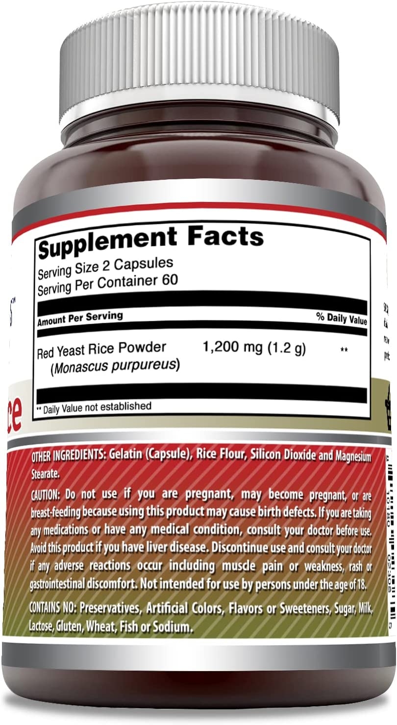 Supplement Facts panel on Amazing Formulas Red Yeast Rice showing 1,200 mg red yeast rice powder per 2-capsule serving, 60 servings per container