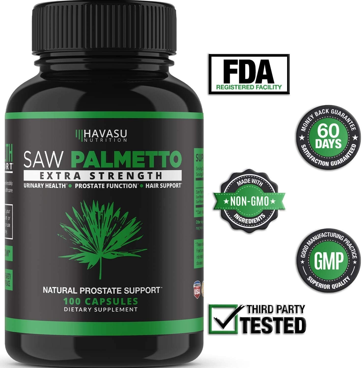 Havasu Nutrition Saw Palmetto certification graphic showing vegan, non-GMO, and GMP-registered facility claims