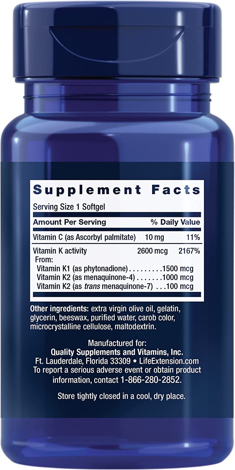 Life Extension Super K 90 softgels bottle, bone heart and arterial health support supplement