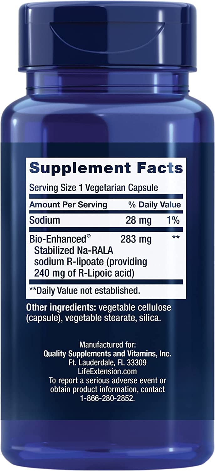 Life Extension Super R-Lipoic Acid Supplement Facts label showing 283 mg Bio-Enhanced Stabilized Na-RALA providing 240 mg of R-Lipoic acid per capsule