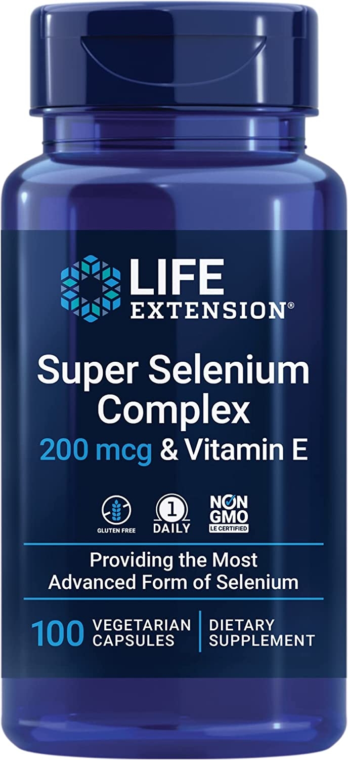 Life Extension Super Selenium Complex 200 mcg and Vitamin E, 100 vegetarian capsules, bottle front