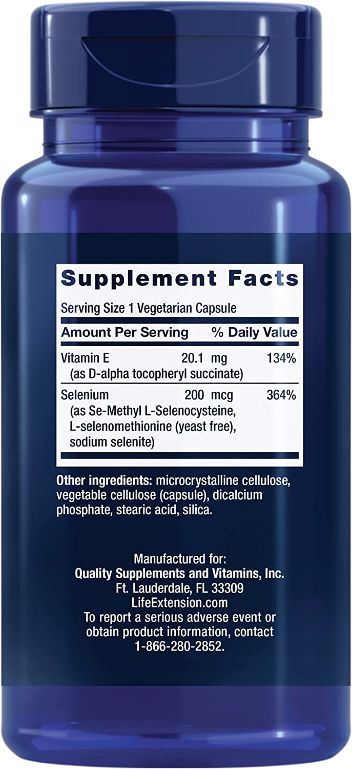 Supplement Facts panel on Life Extension Super Selenium Complex: vitamin E 20.1 mg, selenium 200 mcg as Se-methyl L-selenocysteine, L-selenomethionine and sodium selenite