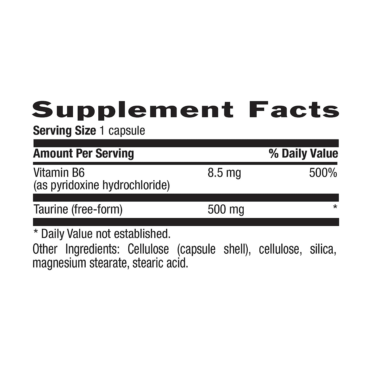 Supplement Facts panel for Country Life Taurine Caps showing one capsule with vitamin B6 8.5 mg and free-form taurine 500 mg