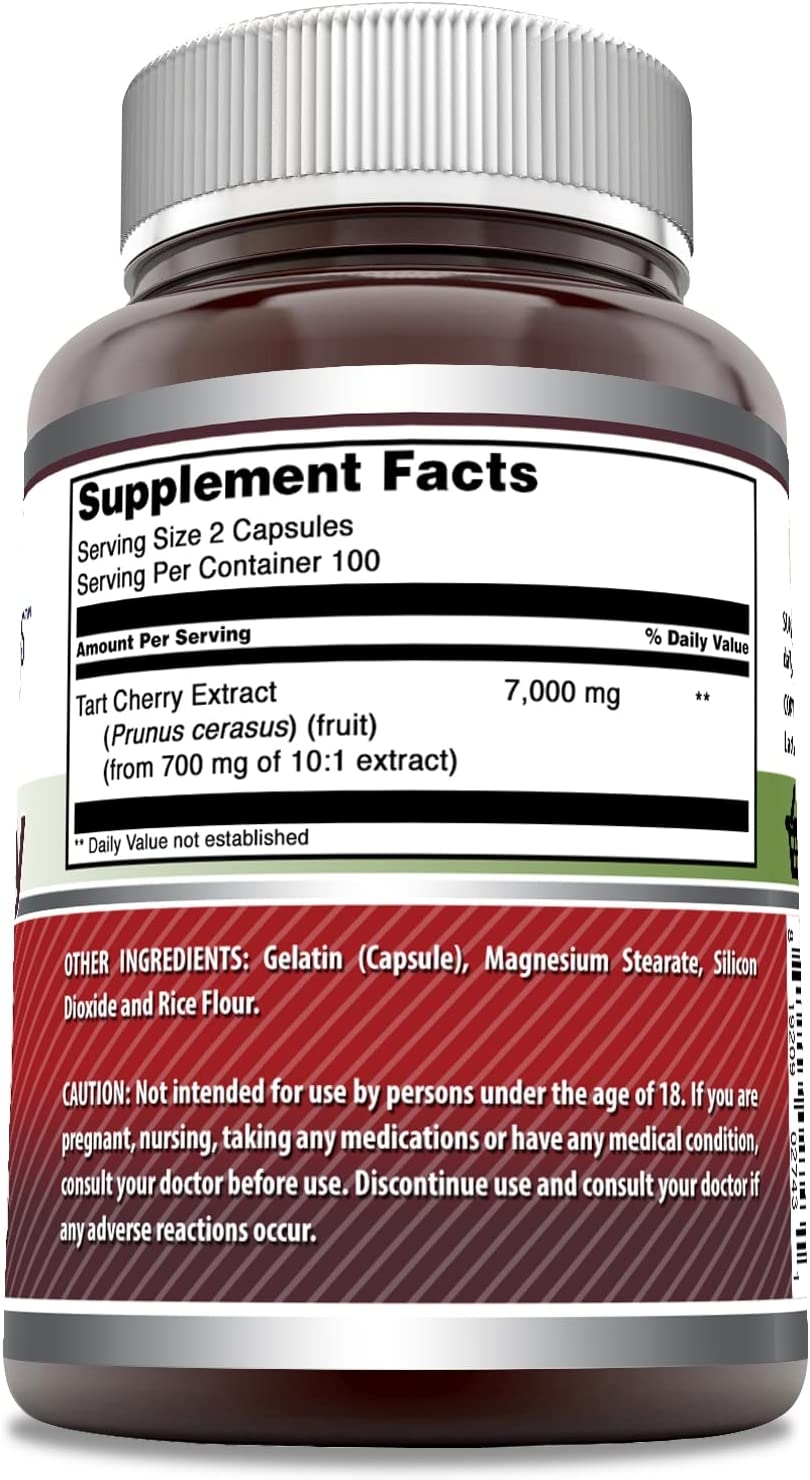 Supplement Facts panel on Amazing Formulas Tart Cherry: serving size 2 capsules, 100 servings per container, tart cherry extract 7,000 mg from 700 mg of 10:1 extract