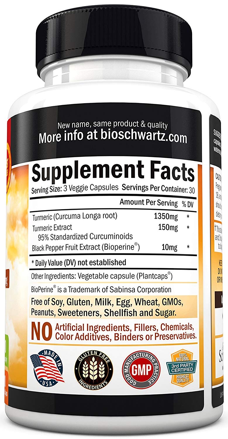 Supplement facts panel for Turmeric Curcumin Bioperine 1500mg showing the three-ingredient breakdown per serving
