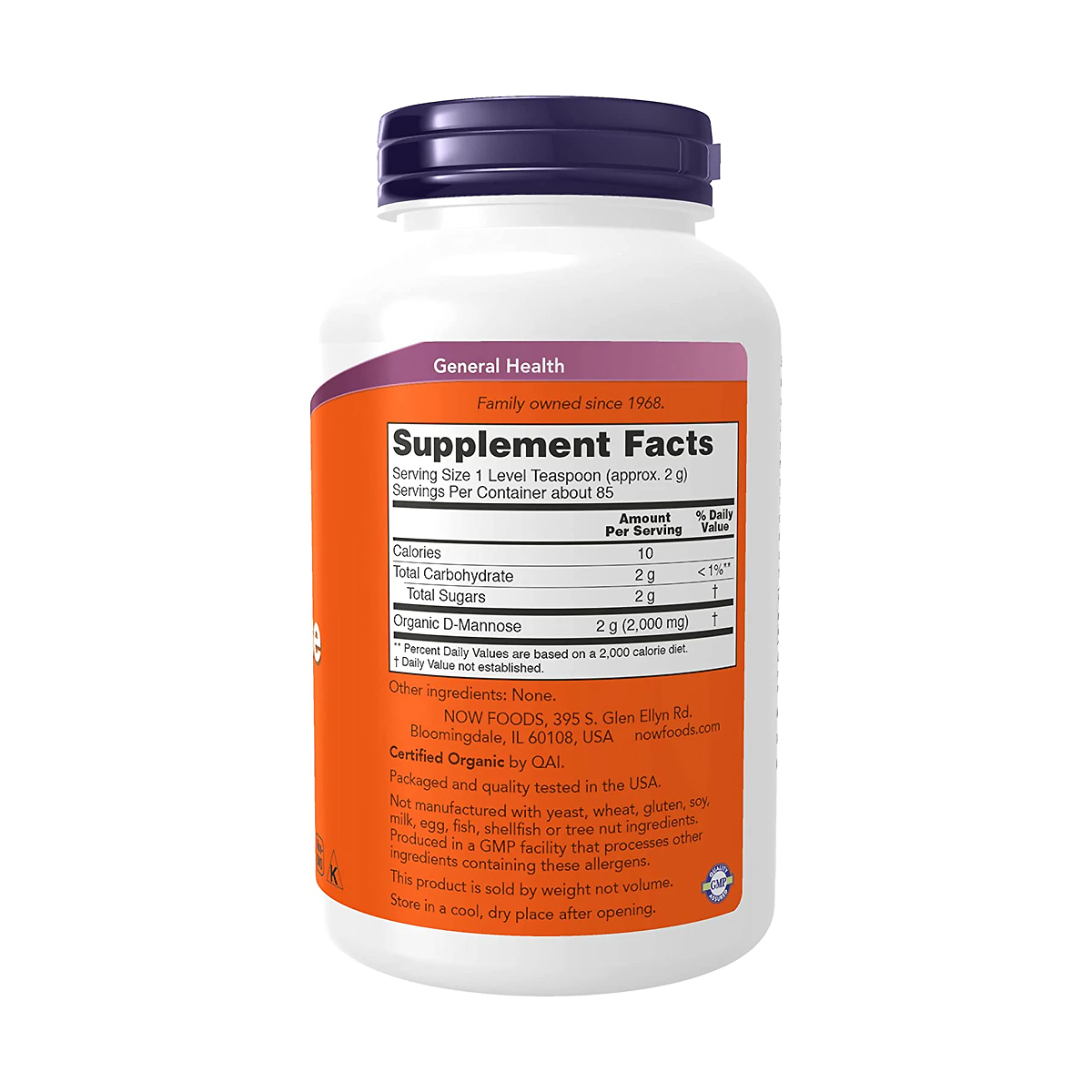 Supplement Facts panel on NOW Certified Organic D-Mannose Pure Powder: serving size 1 level teaspoon (approx. 2 g), about 85 servings, organic D-mannose 2 g (2,000 mg), no other ingredients