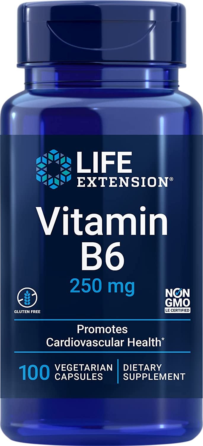 Life Extension Vitamin B6 250mg bottle, 100 gluten-free vegetarian capsules