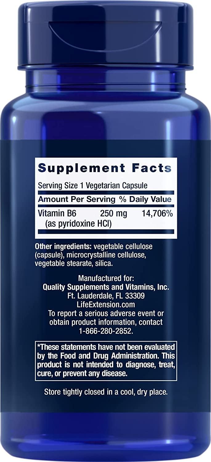 Life Extension Vitamin B6 250mg supplement facts label showing pyridoxine hydrochloride dose per capsule