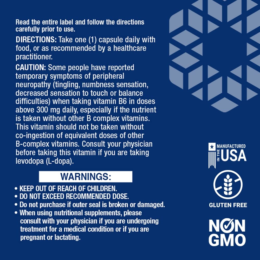 Life Extension Vitamin B6 250mg label caution panel: directions, B-complex co-ingestion requirement and levodopa warning