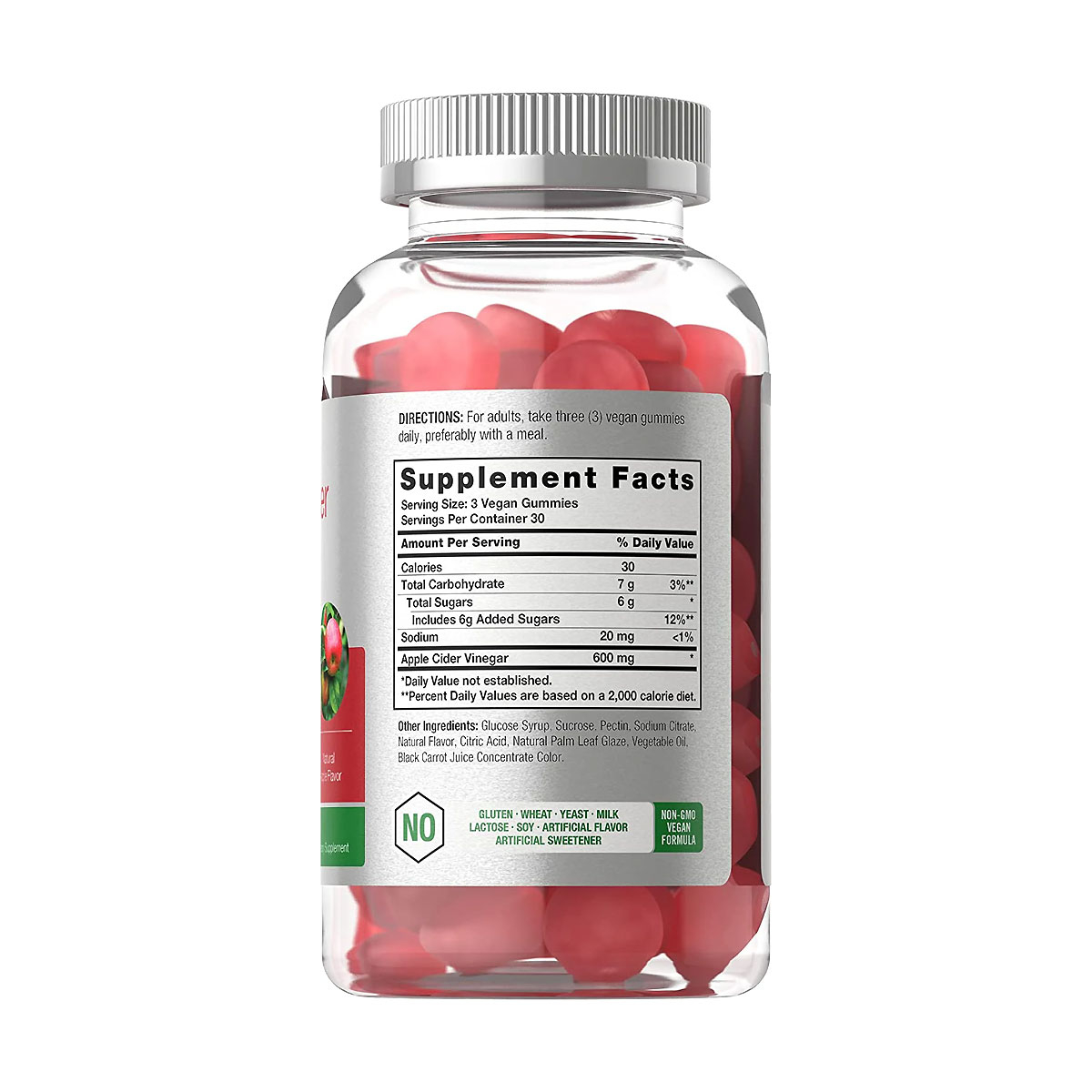 Supplement Facts panel on Horbaach Apple Cider Vinegar Gummies: serving size 3 vegan gummies, 30 servings per container, 30 calories, 6 g added sugars, apple cider vinegar 600 mg