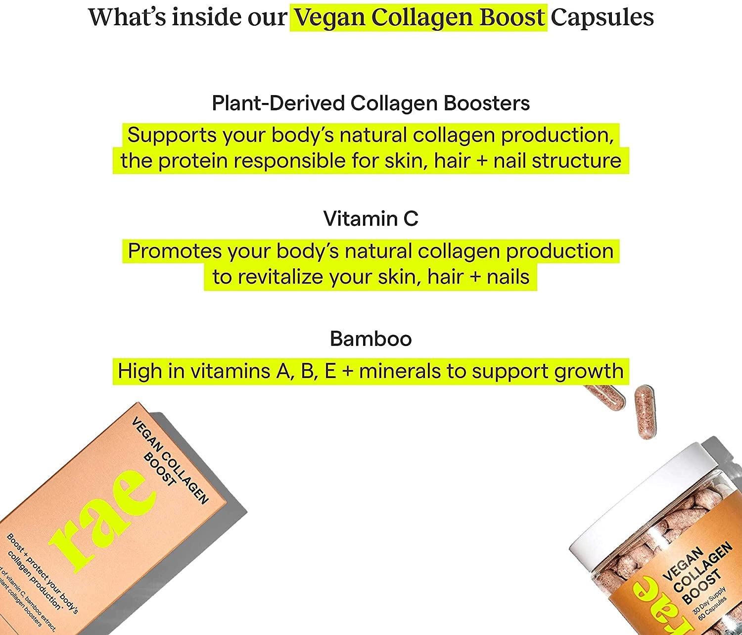 Vegan collagen support supplement facts panel showing vitamin C and bamboo extract