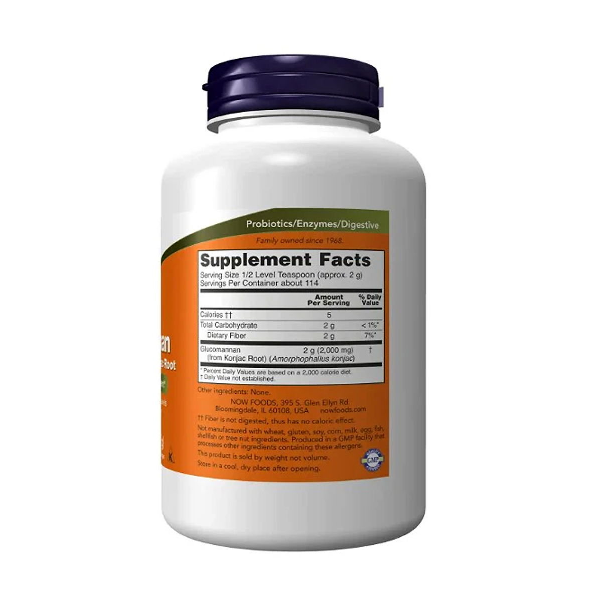 Supplement Facts panel on NOW Glucomannan Pure Powder: serving size 1/2 level teaspoon approx. 2 g, about 114 servings, glucomannan 2 g (2,000 mg) from konjac root