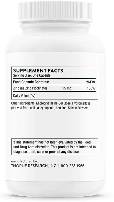 Thorne Zinc Picolinate supplement facts panel showing 30 mg zinc as zinc picolinate